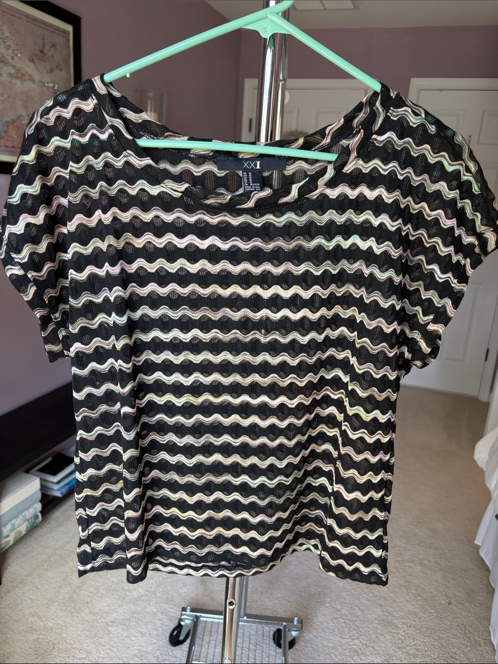 Forever 21 Black Top with multi color Wavy Stripe Pattern